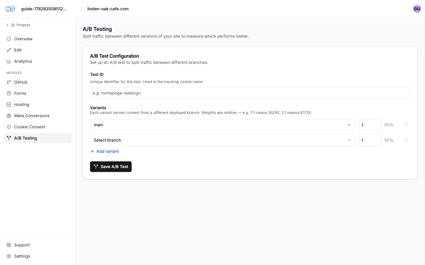 The A/B Testing page