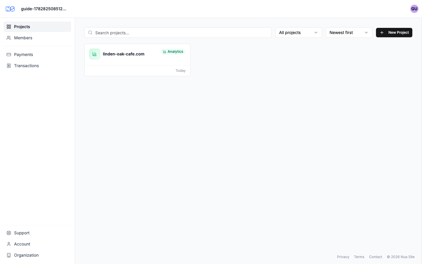 The nua site dashboard — your projects list